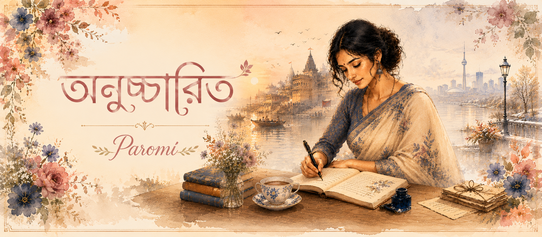 অনুচ্চারিত উপন্যাসের অলংকৃত প্রচ্ছদচিত্র—শাড়ি পরা এক নারী টেবিলে বসে লিখছেন; পেছনে বারাণসীর ঘাট ও দূরের আধুনিক শহরের আভাস।
